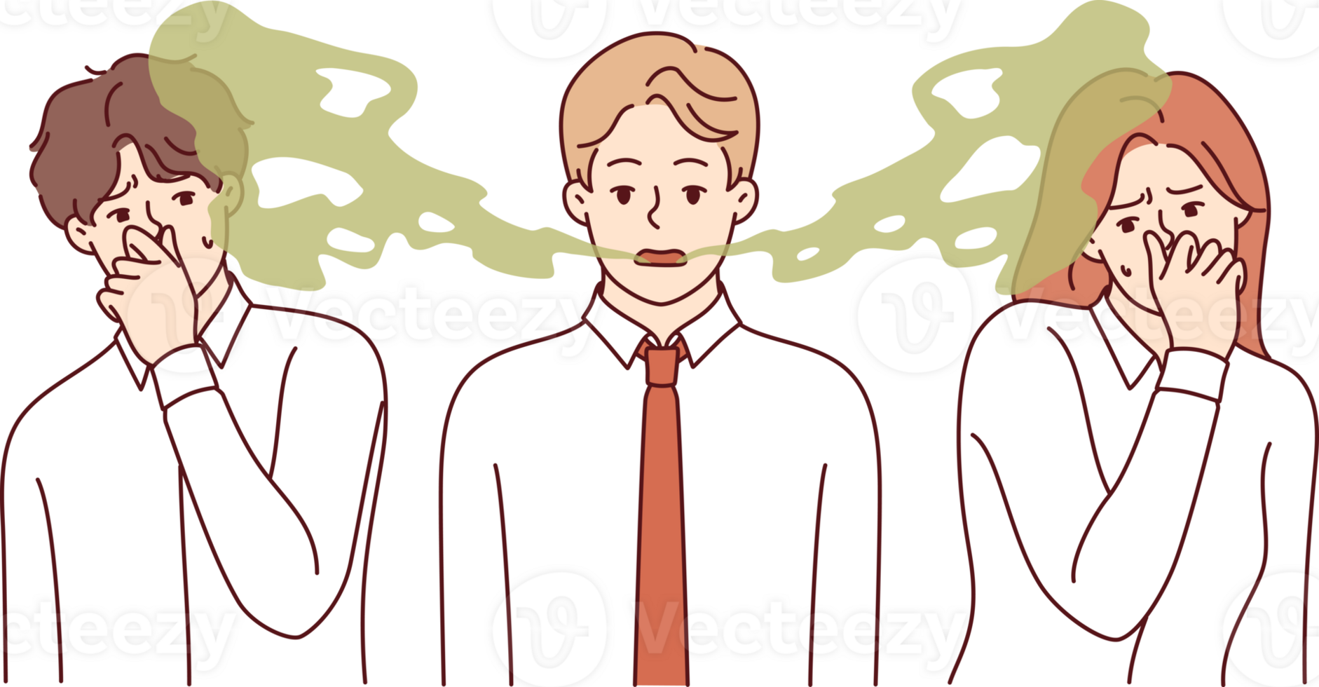 Unpleasant odor from man mouth irritated colleagues who feel disgust and hostility. Problem of odor from mouth is caused by poor hygiene rules or occurrence of caries and tooth decay. png