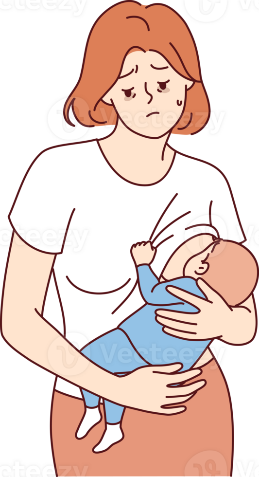 Postnatal depression in frustrated mother who is breastfeeding and forced to raise child alone. Problem of postpartum depression and lack of social programs for women who gave birth at early age png