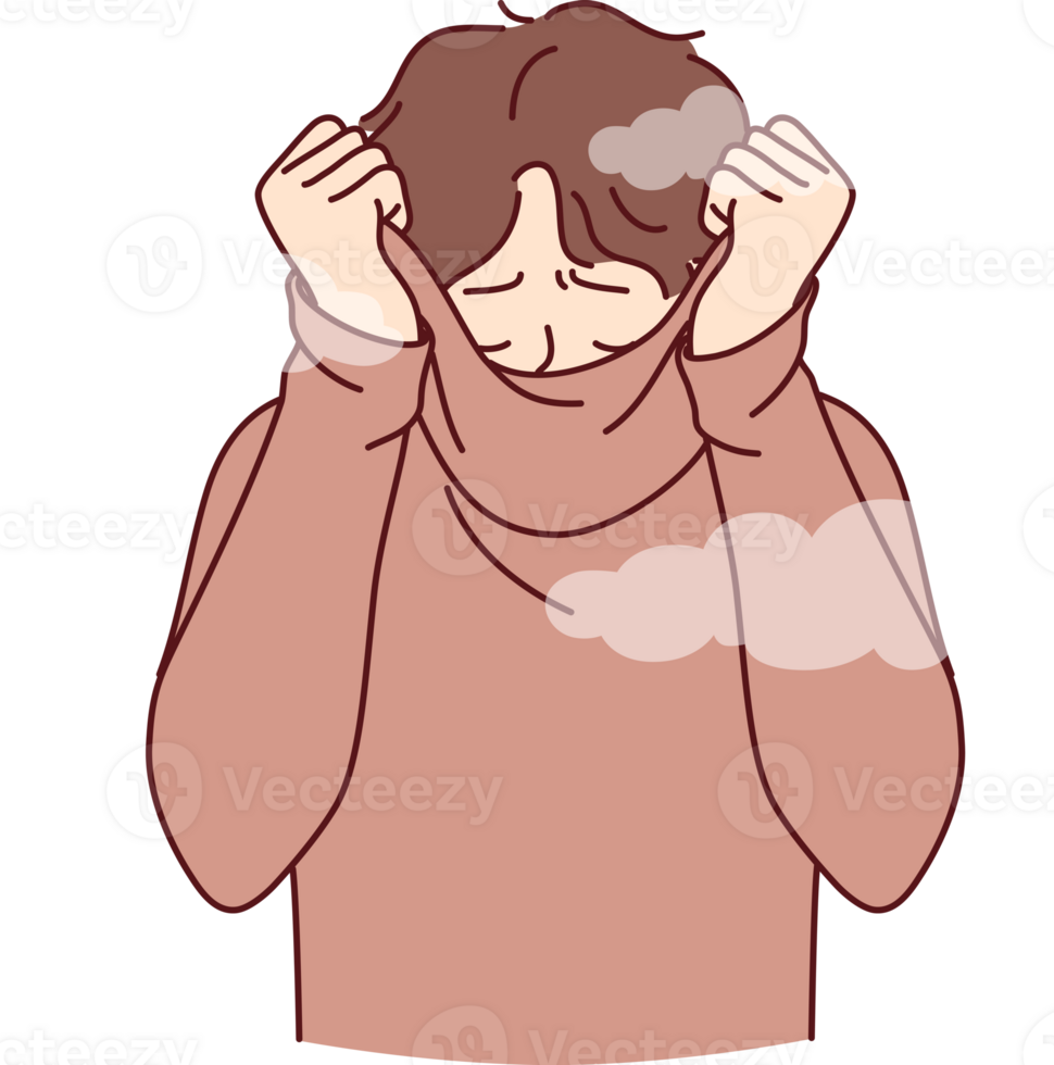 Depressed man hides face behind collar of sweater, feeling shame of actions. Upset guy covers head with shame, trying to hide from others and public censure, causing stress and depression png