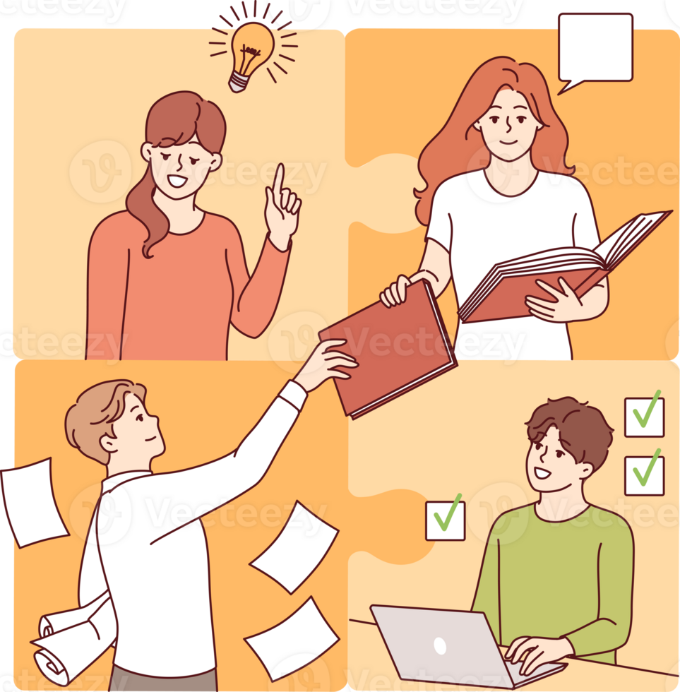 Successful team of friendly people who form single puzzle thanks to synergy and collaboration. Professional group with laptop or papers carry out complex projects after team building activities png
