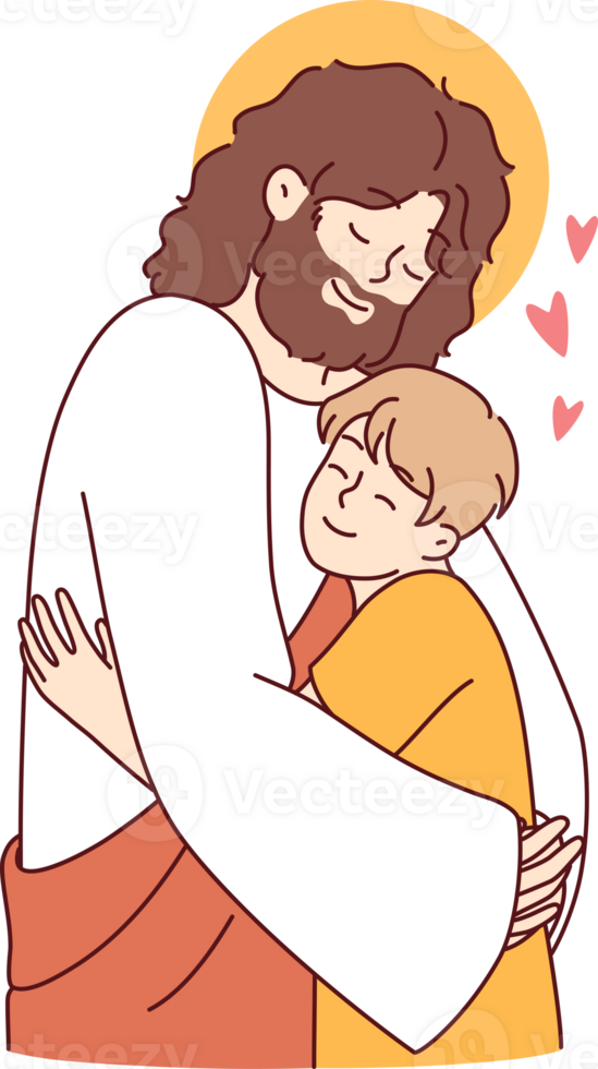 Jesus christ hugs child, demonstrating example of love and care for one neighbor for christian believers. Jesus saves little boy from loneliness and protects from harmful influence of world around him png