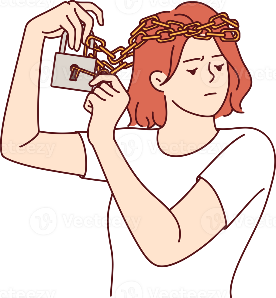 Woman with mental disorder and chain on head is trying to free herself from mental shackles. Girl psychological problems are caused by poor self-esteem and bullying or discrimination from others png