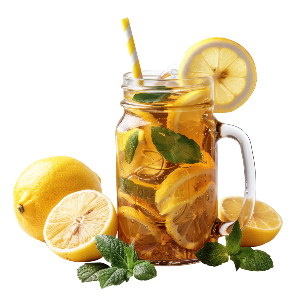 Fresh lemonade drink of soda water lemon and mint leaves in glass jar with drinking straw for advertisement clip art and element png