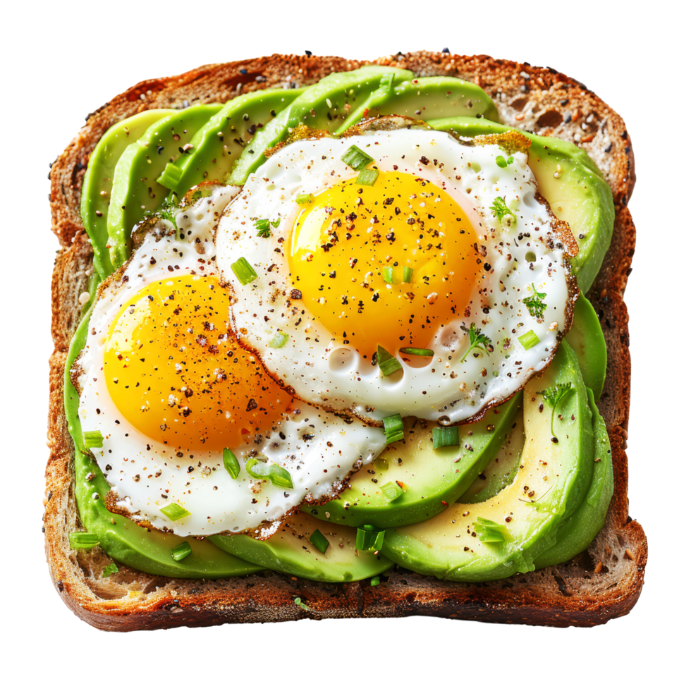 Homemade avocado slice toast with boiled eggs and vegetable on bread food clip art and element. Top view png