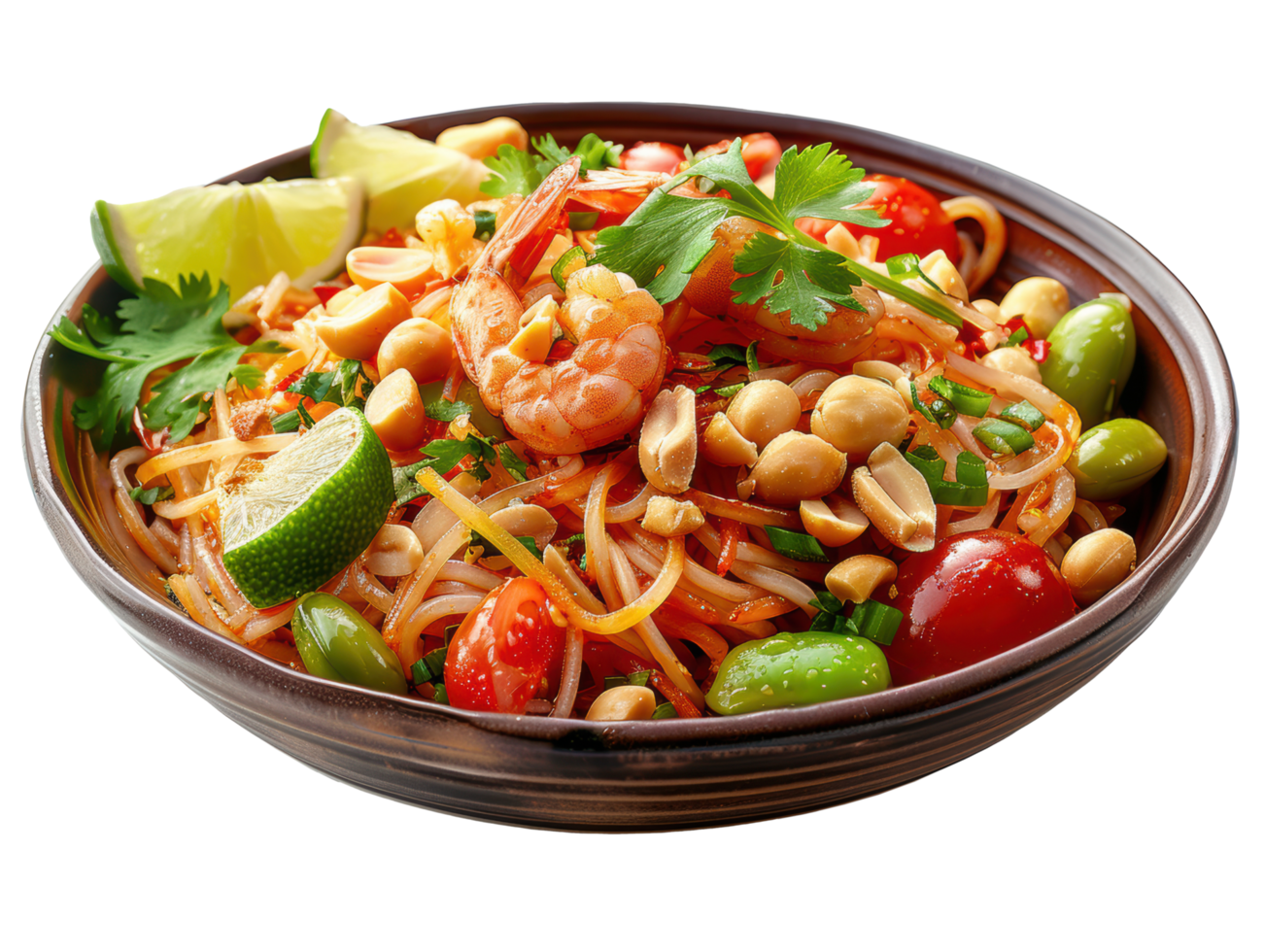 Fried noodle Thai style and prawns with ingredients in dish. Food clip art and element png