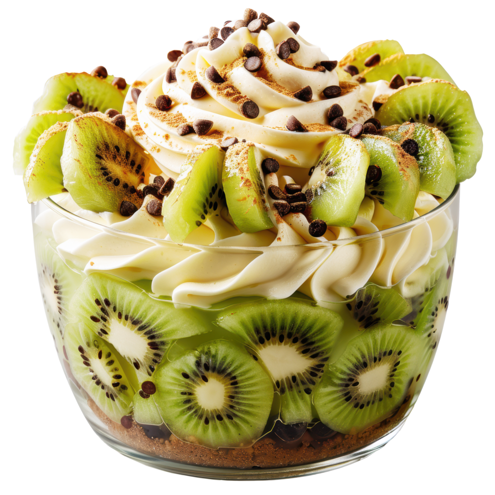 Kiwi trifle with whipped cream and vanilla ice cream with slices and currant chocolate topping in glass. Clip art and element png