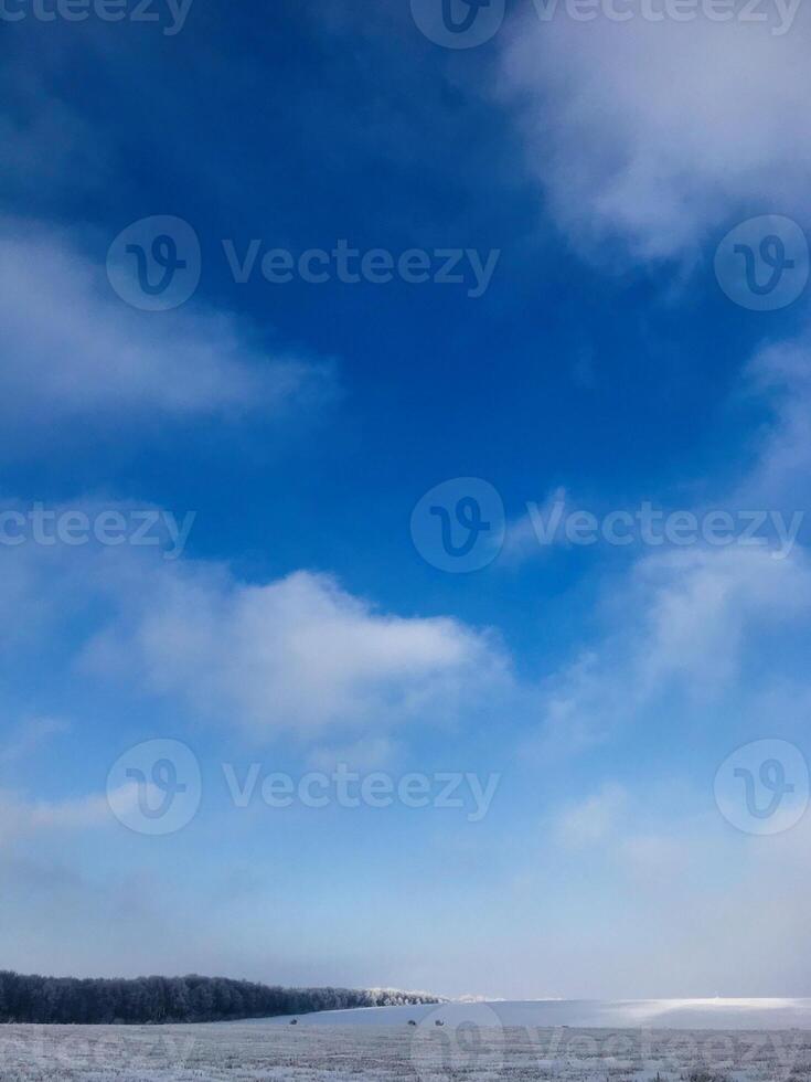 Winter landscape with blue sky and snow-covered fields photo
