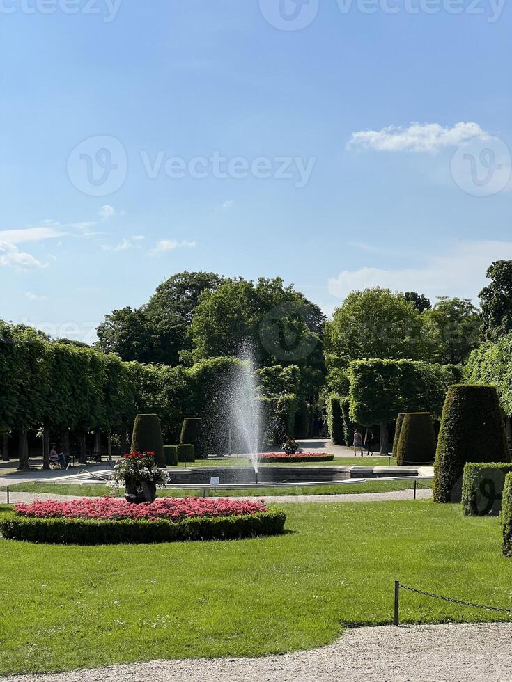 Beautiful park landscape with fountain and manicured green hedges in Schonbrunn palace, Austria. photo