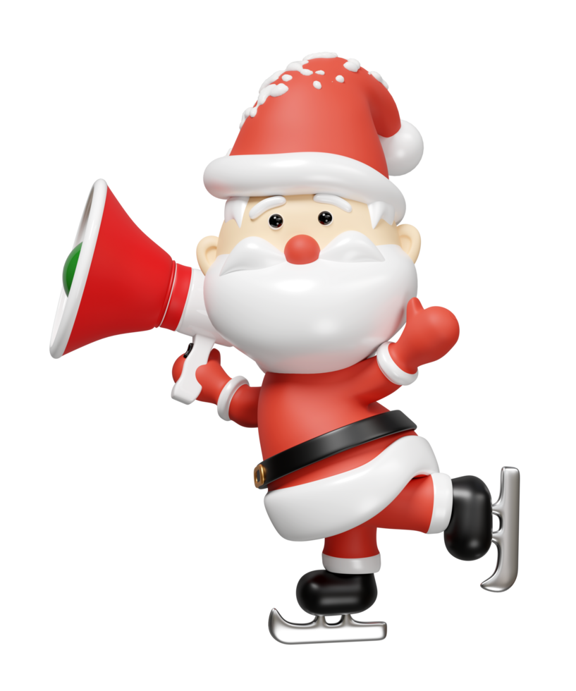 Santa Claus playing ice skating holding megaphone isolated. merry christmas, festive new year concept, 3d render illustration png