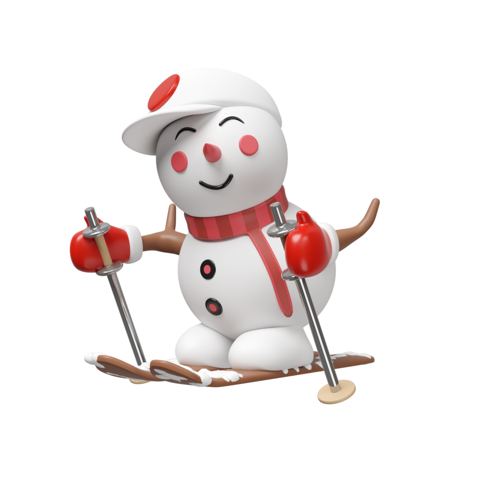 3d Snowman skiing isolated. merry christmas and festive new year holiday travel concept, 3d illustration render png