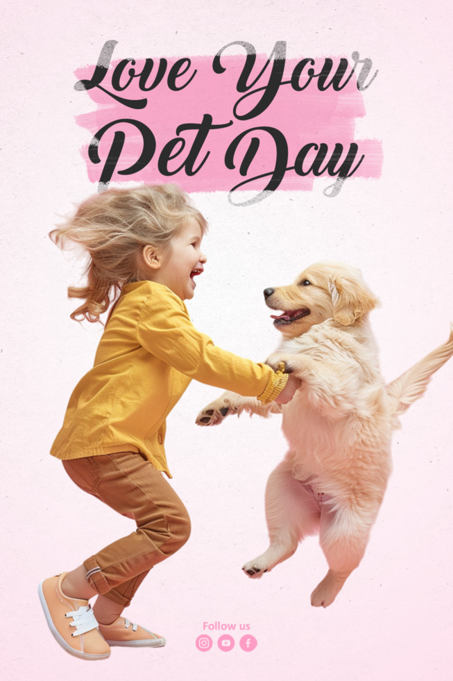 Love your pet day social media post with isolated dog and child background psd