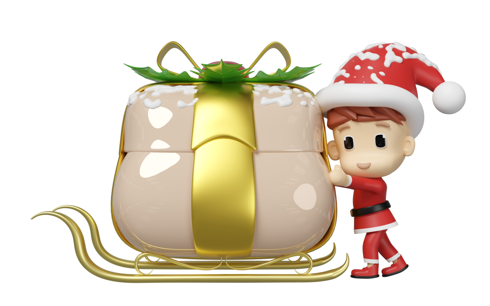 Santa Claus pushing sleigh with gift box isolated. merry christmas and festive new year concept, 3d illustration render png