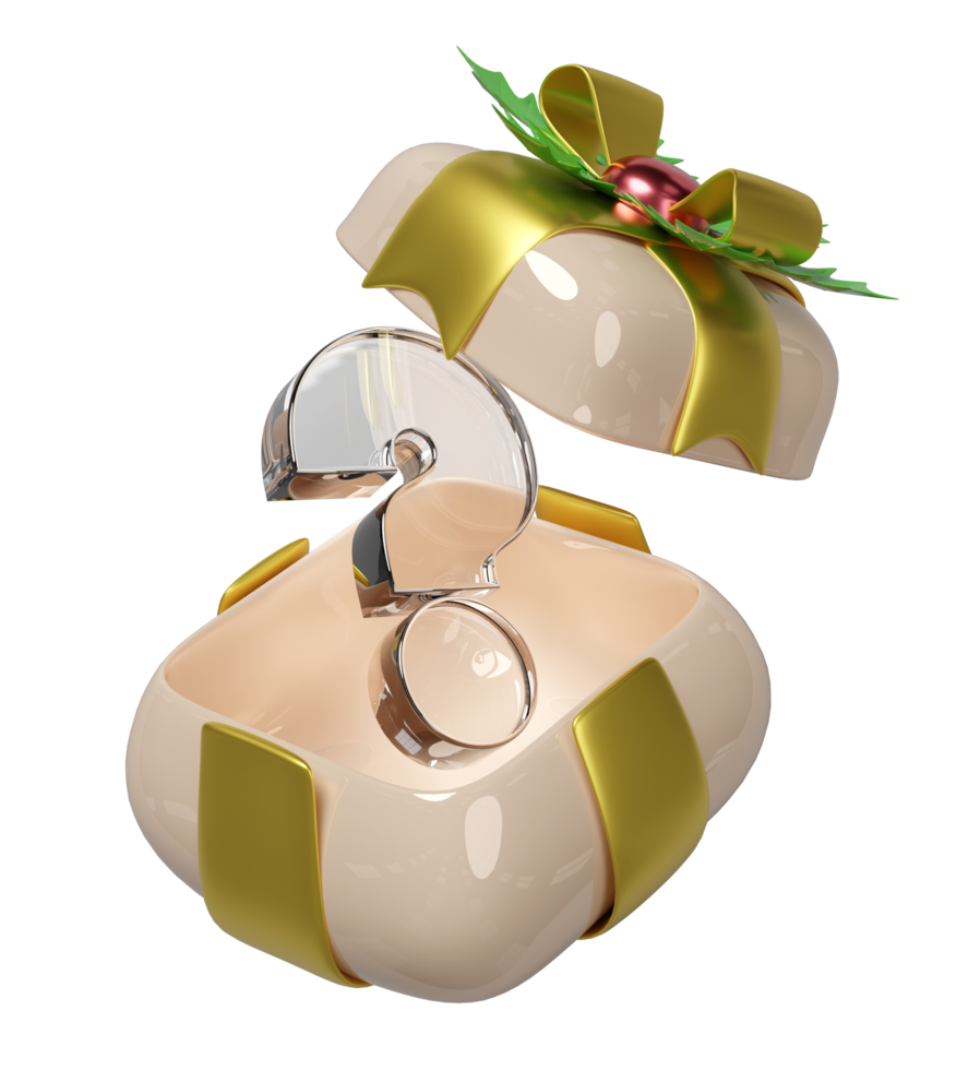 3d transparent question mark symbol icon with open gift box isolated. FAQ or frequently asked questions, merry christmas and festive new year concept, 3d illustration render png