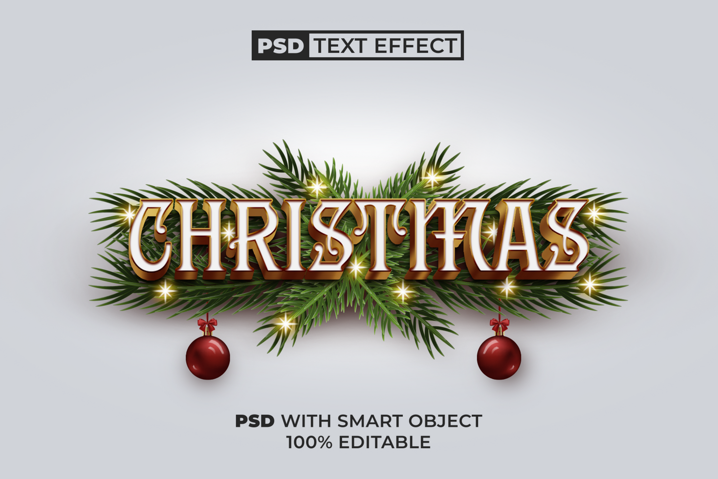 Christmas Text Effect Gold Style. Editable Text Effect With Christmas Tree Branch Lights And Ball. psd