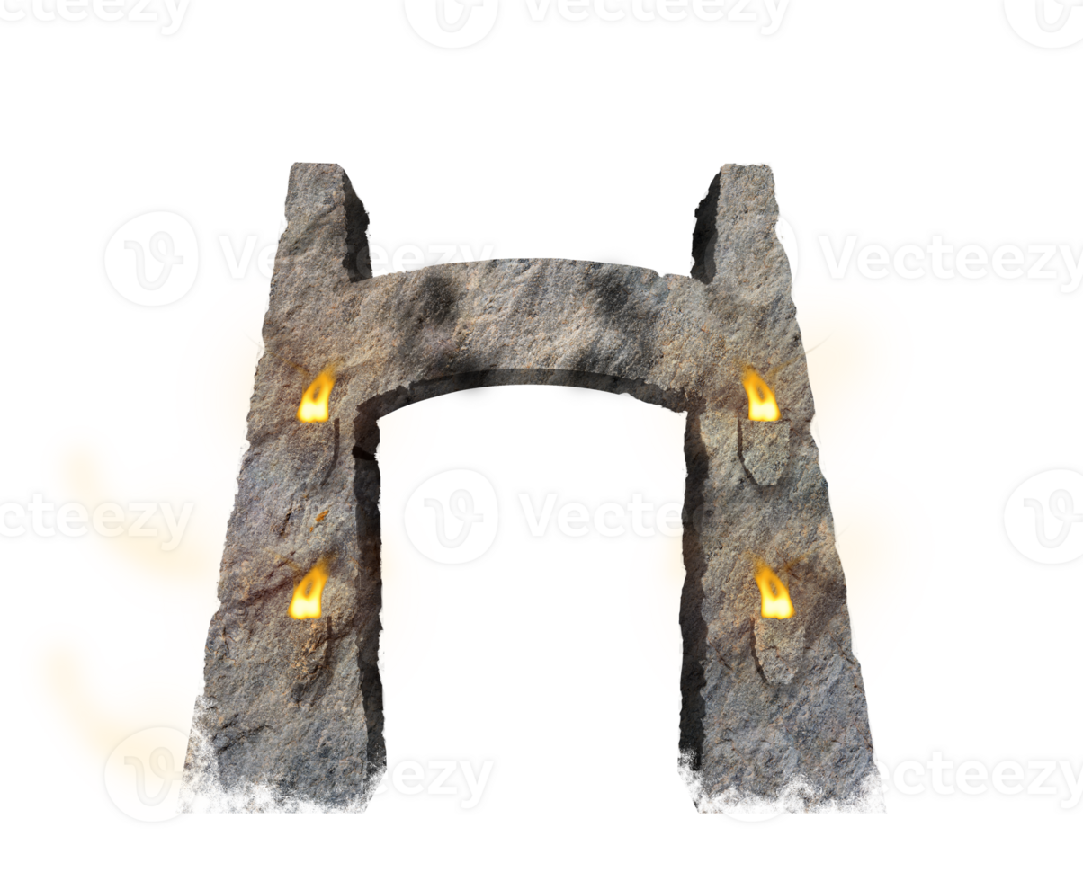 Stone portal burning in the dark with mysterious flames png