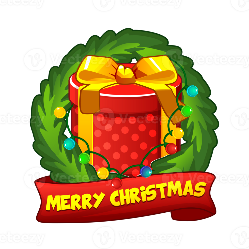 Christmas wreath icon with red ribbon and gift box, Merry Christmas. Sticker or sign. png