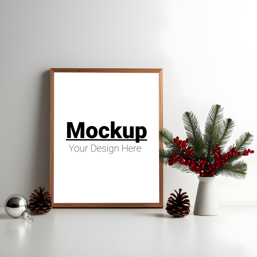 Wooden Frame Display with Pine Cones and Evergreen Branches psd