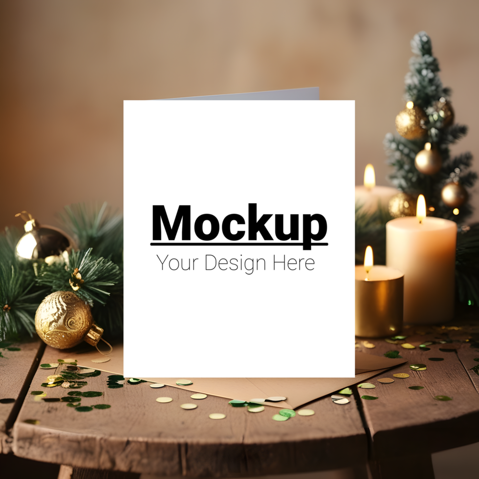 Greeting Card Mockup on Table with New Year Celebration Theme psd