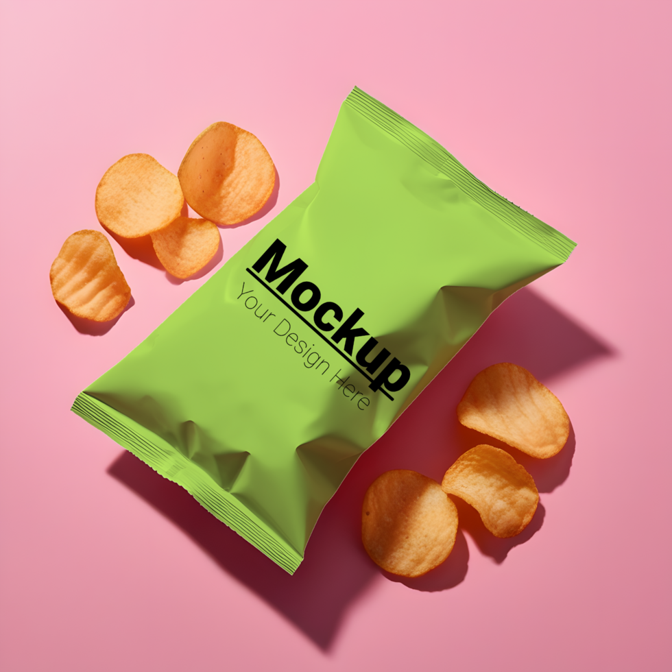 Snack Packaging Design Display with Chips on Subtle Pink Background psd