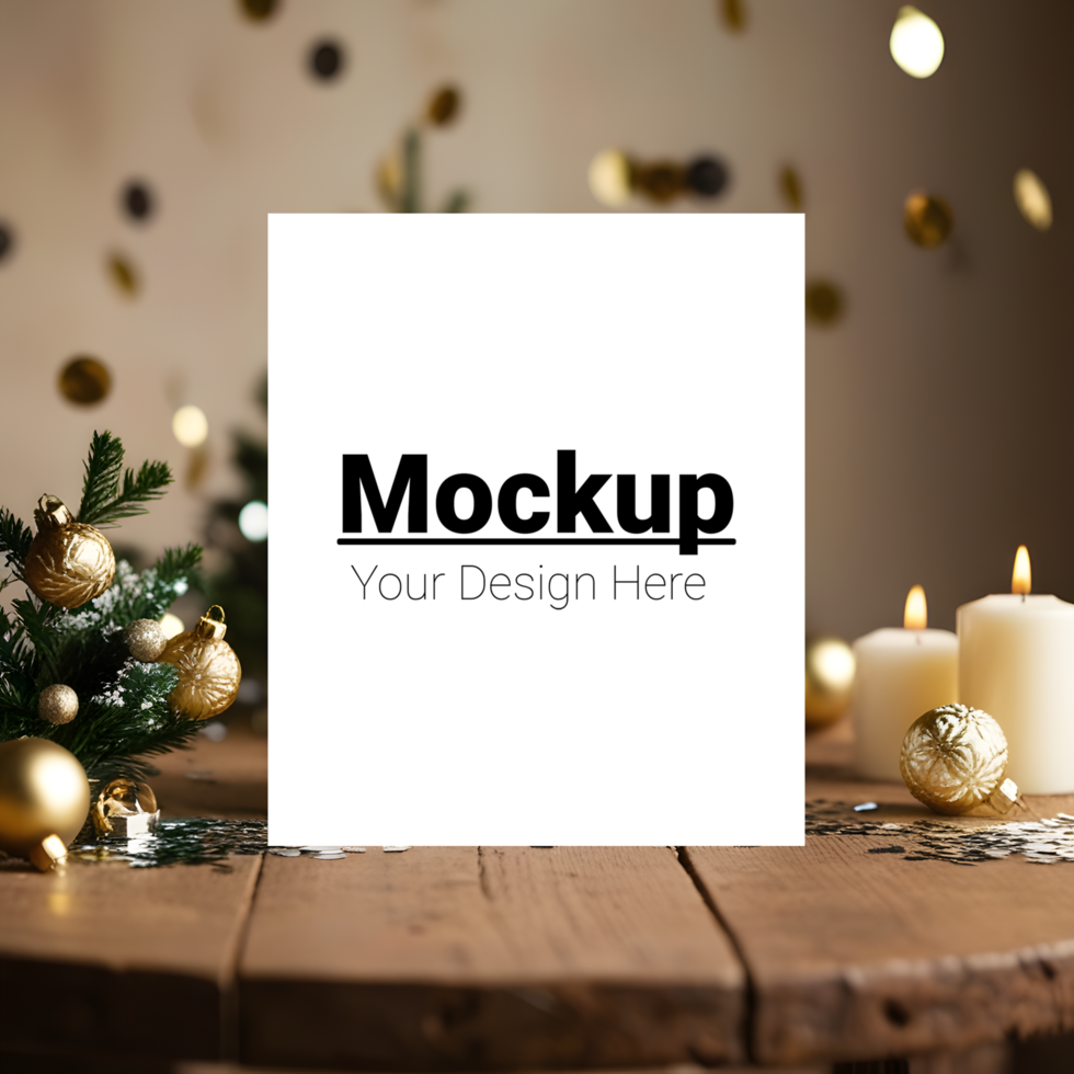 Greeting Card Mockup on Table Surrounded by New Year Decorations psd