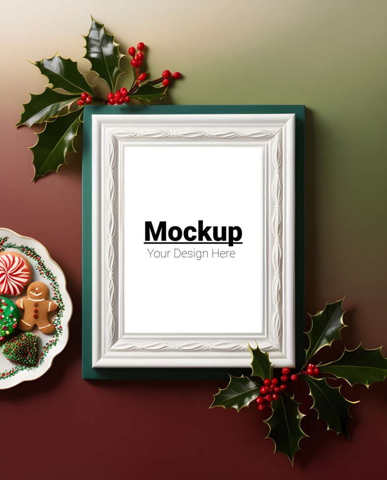 Elegant Frame on Table Next to Assorted Christmas Sweets psd