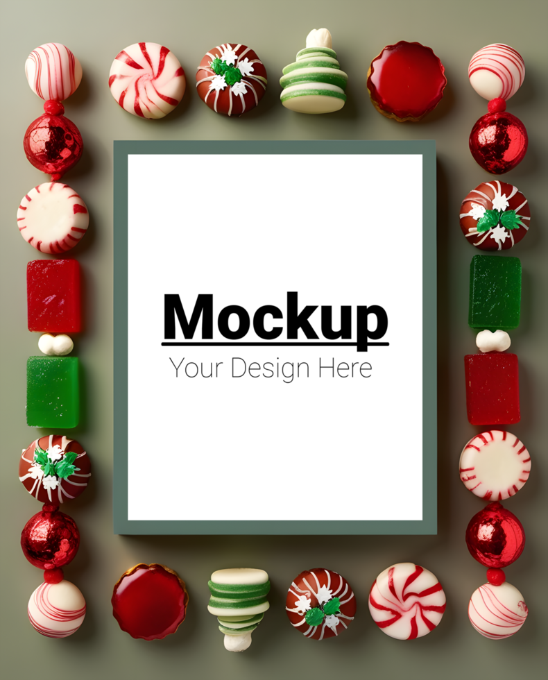 Christmas Sweets and Frame on Table Mockup for Holiday Decor psd