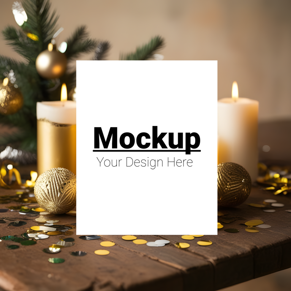 New Year Greeting Card Display on Table with Festive Background psd