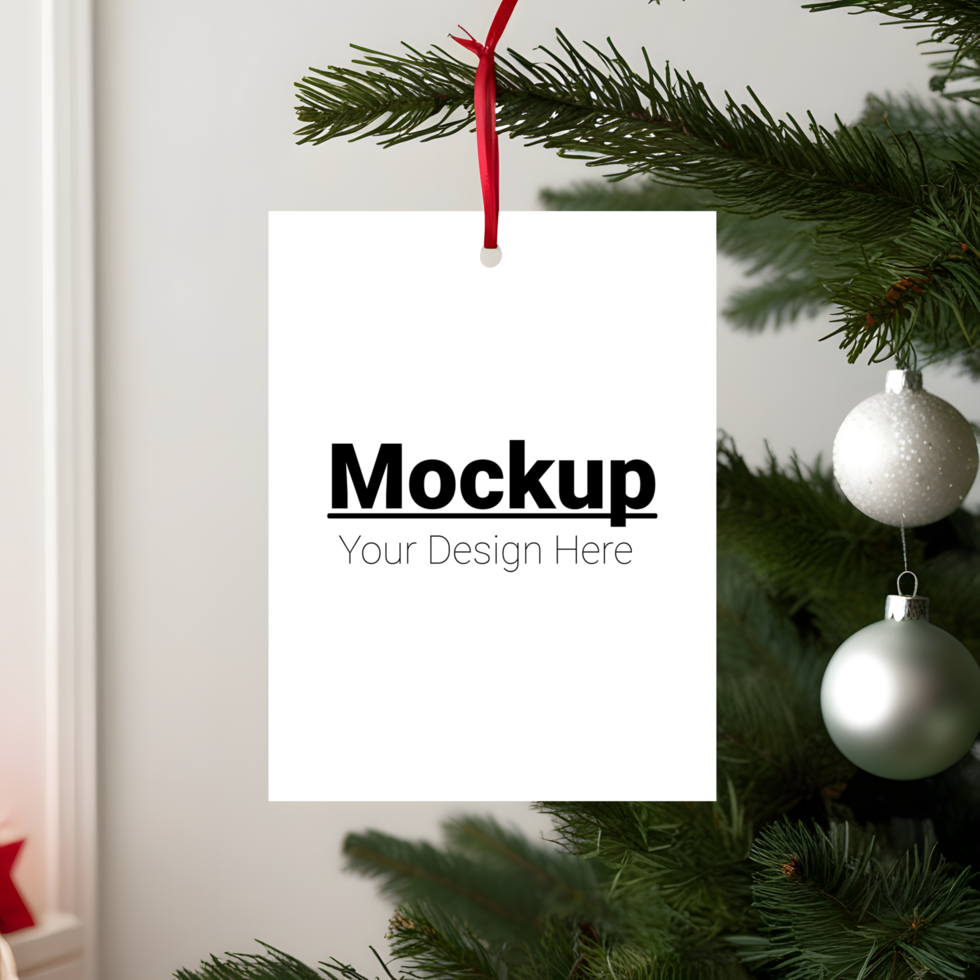 Elegant Greeting Card Display on a Christmas Tree Branch psd