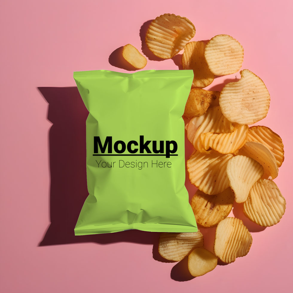 Mockup of Snack Bag with Chips on Minimal Pink Background psd