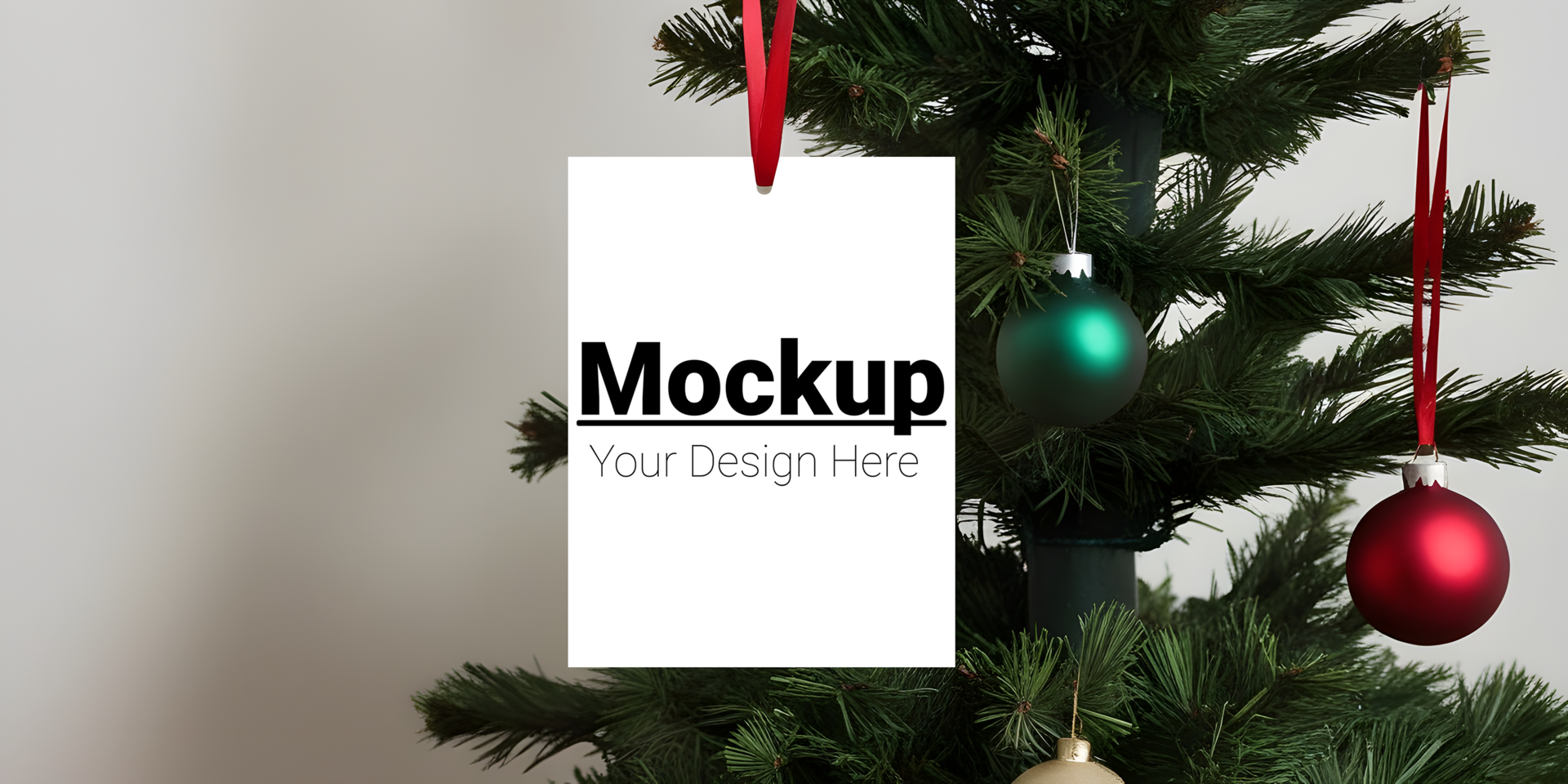 Greeting Card on Christmas Tree with Holiday Ornaments psd