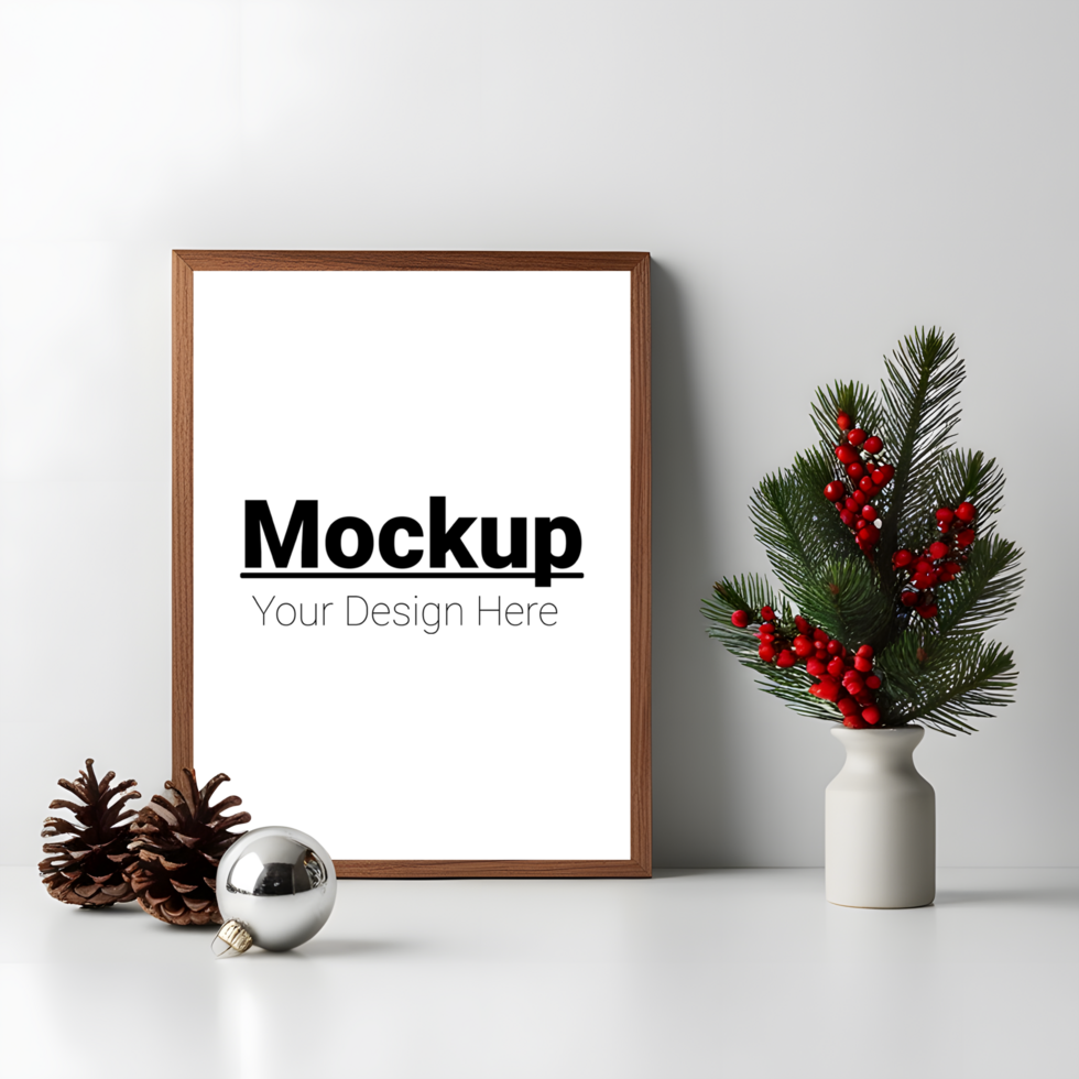 Rustic Wooden Frame Mockup with Pine Cones and Evergreen Leaves psd