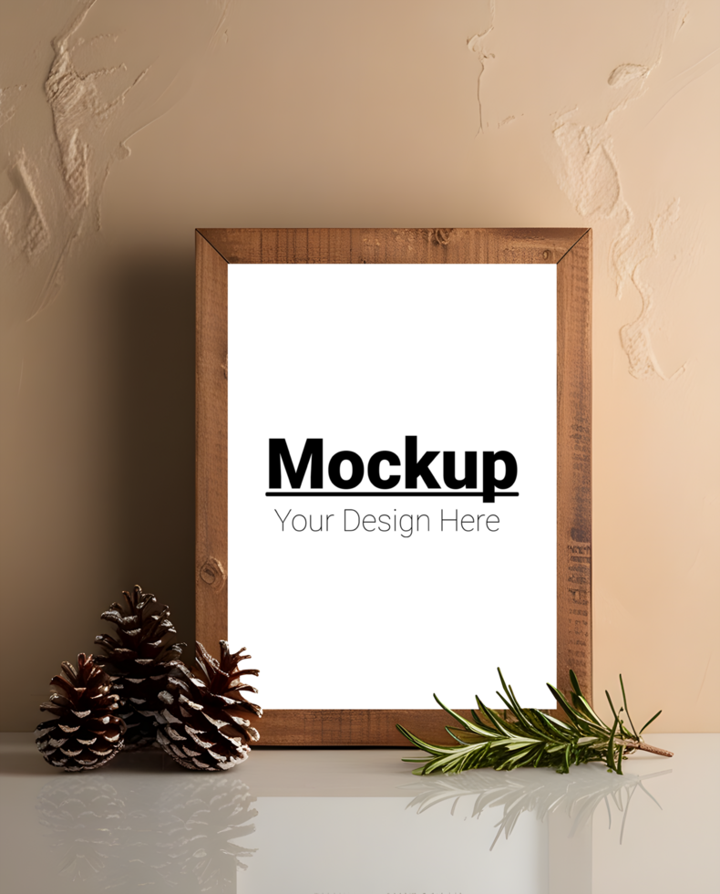 Mockup of a wooden frame with pine cones and a sprig of evergreen psd