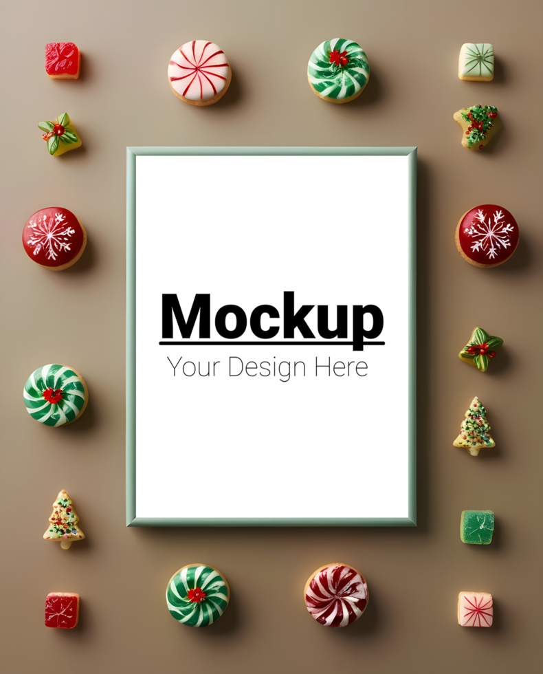 Mockup of Framed Art on Table with Christmas Sweets Decor psd