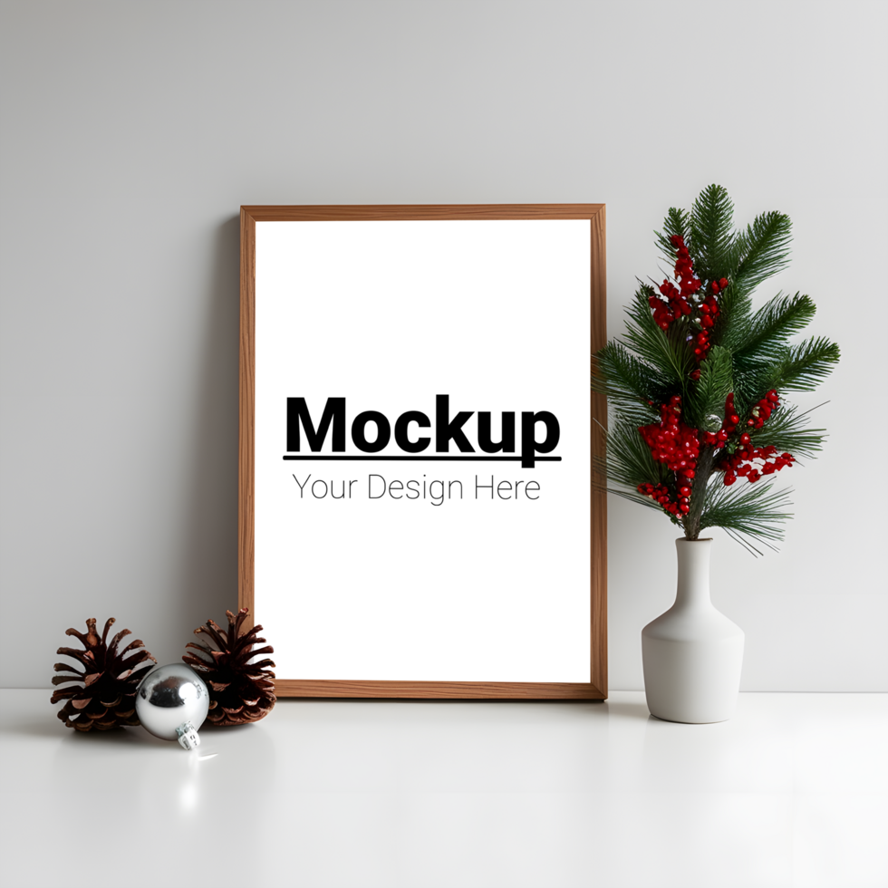 Holiday Frame Mockup with Pine Cones and Sprig of Evergreen psd
