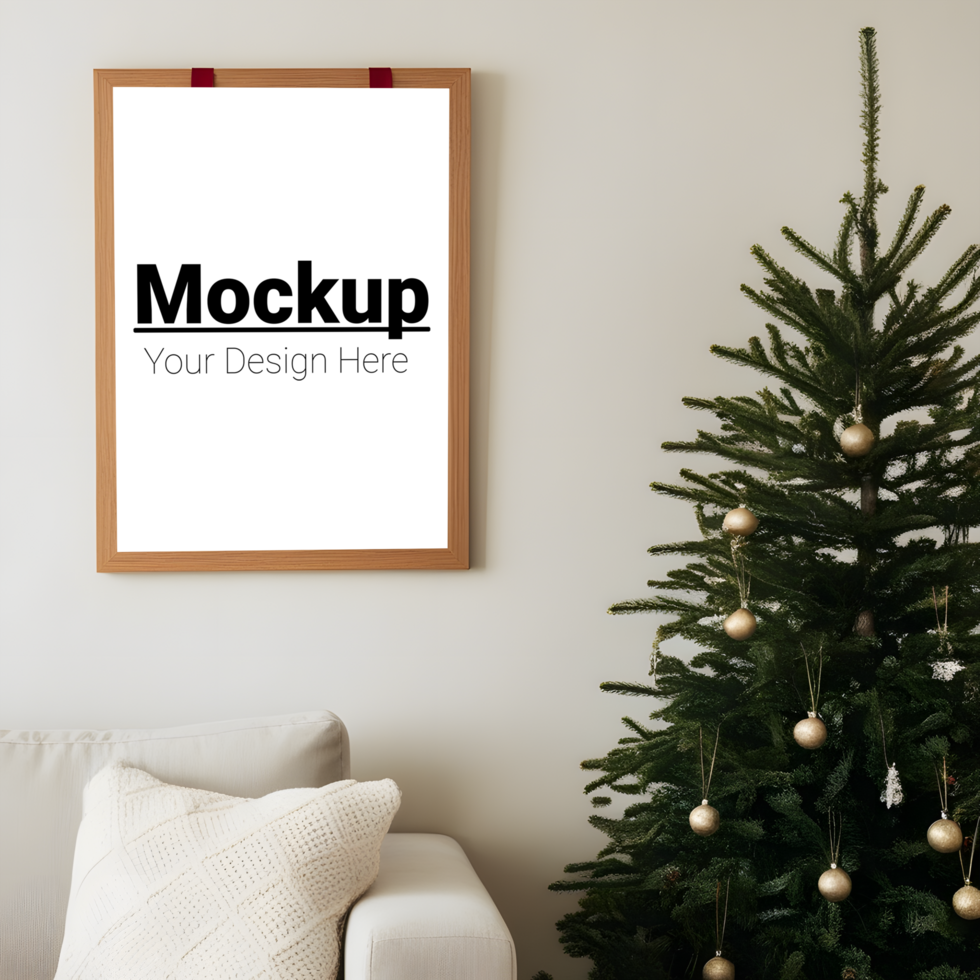 Mockup of a christmas tree and sofa in a living room psd