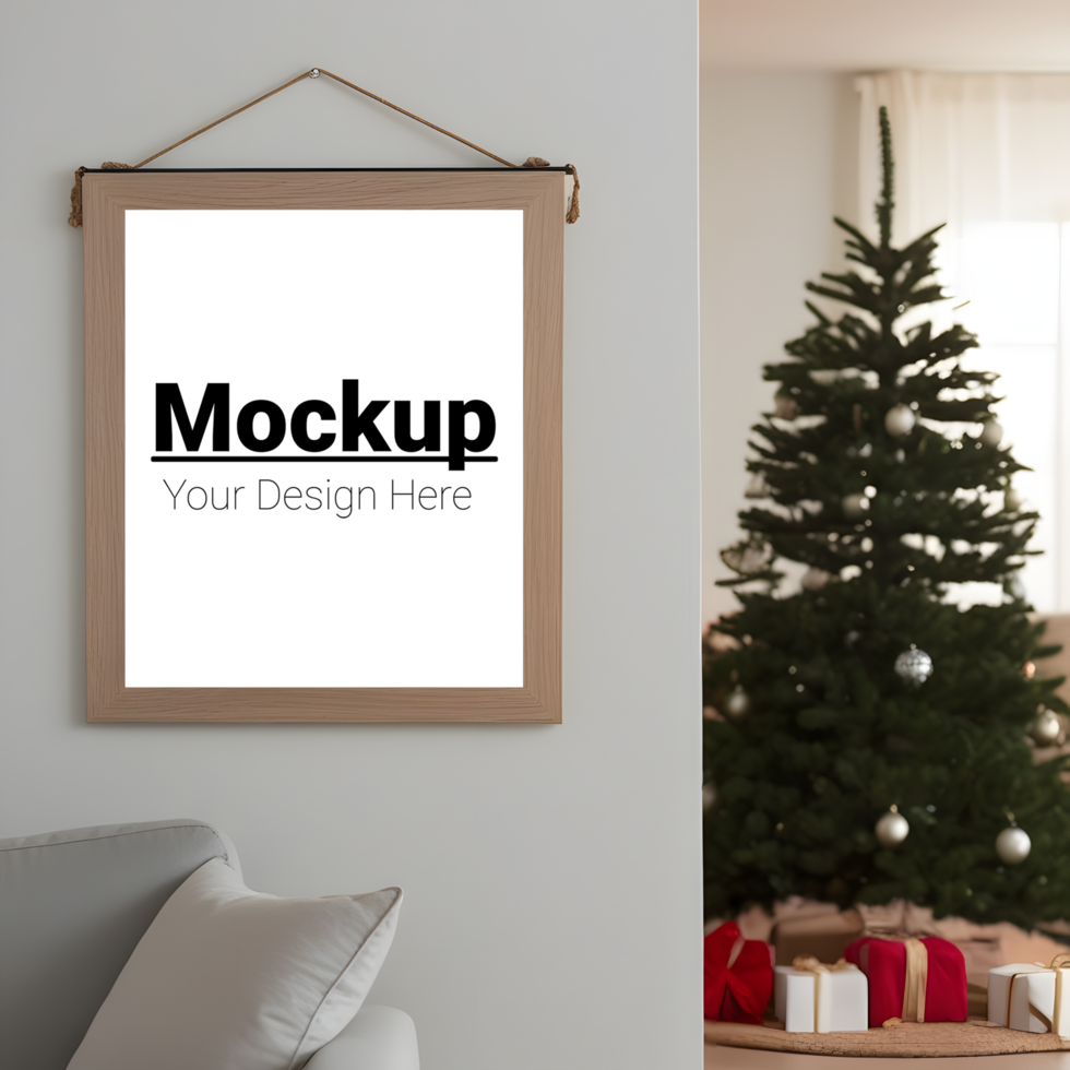 Elegant Frame Display on Wall Next to Christmas Tree in Room psd
