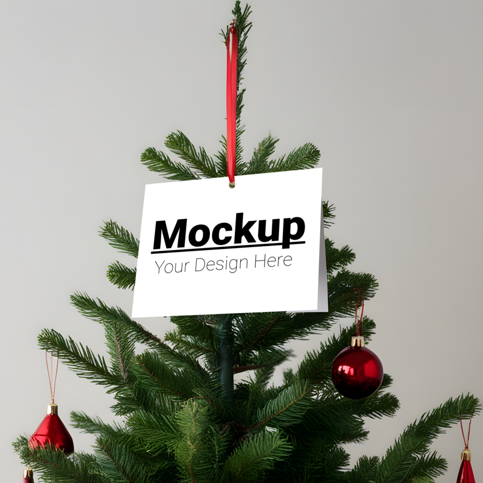 Mockup of a Greeting Card on a Beautiful Christmas Tree psd