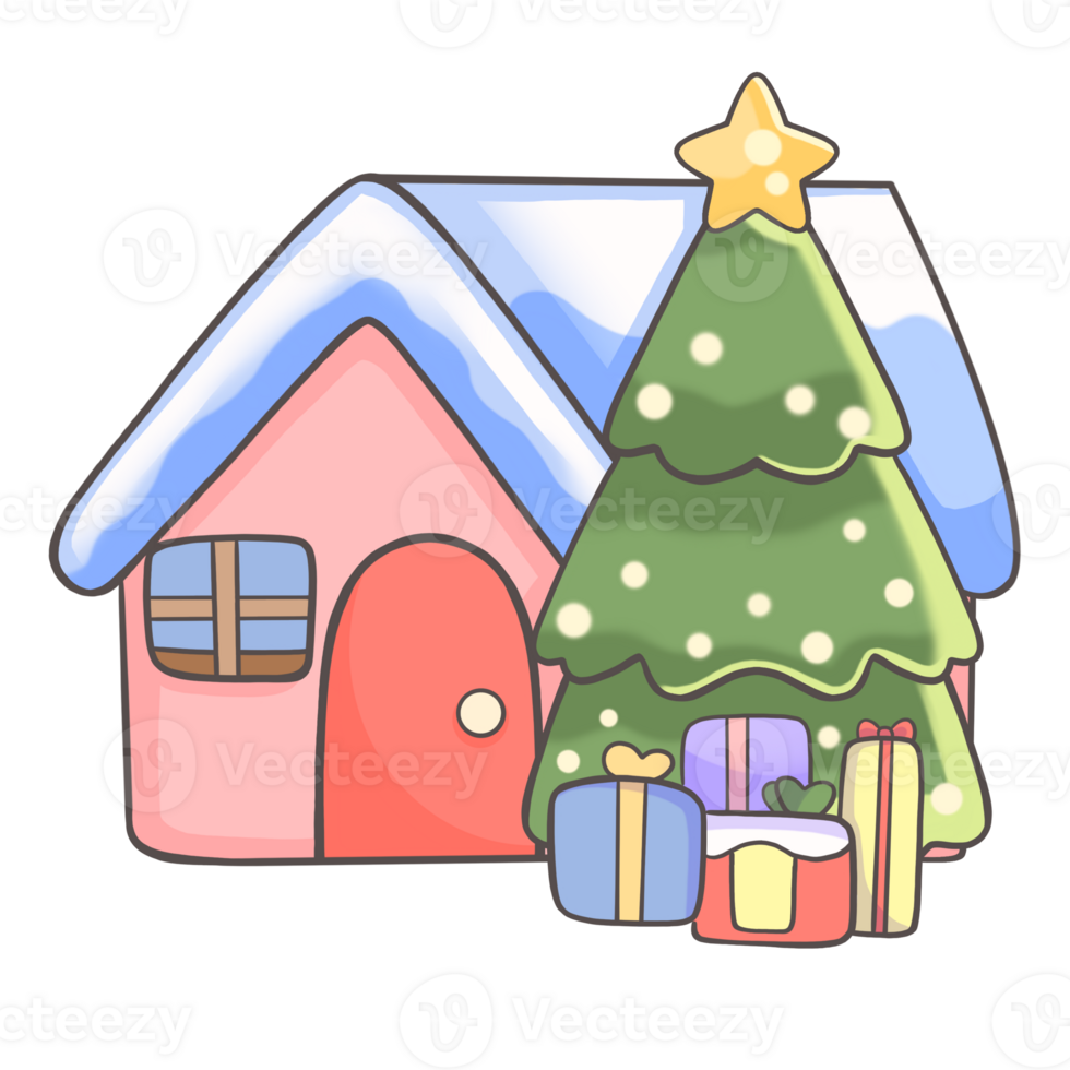 christmas house with christmas tree and presents on transparent background png