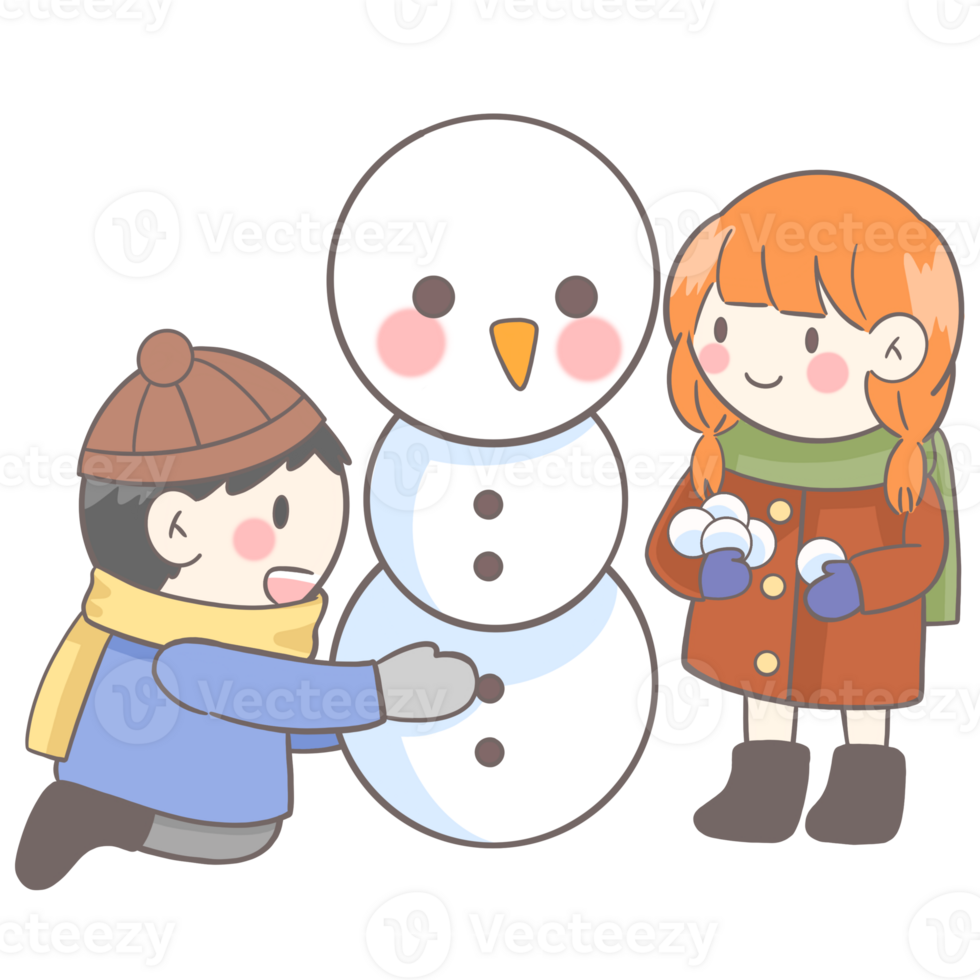 Cartoon boy and girl wearing hats and scarves are helping to make a snowman png