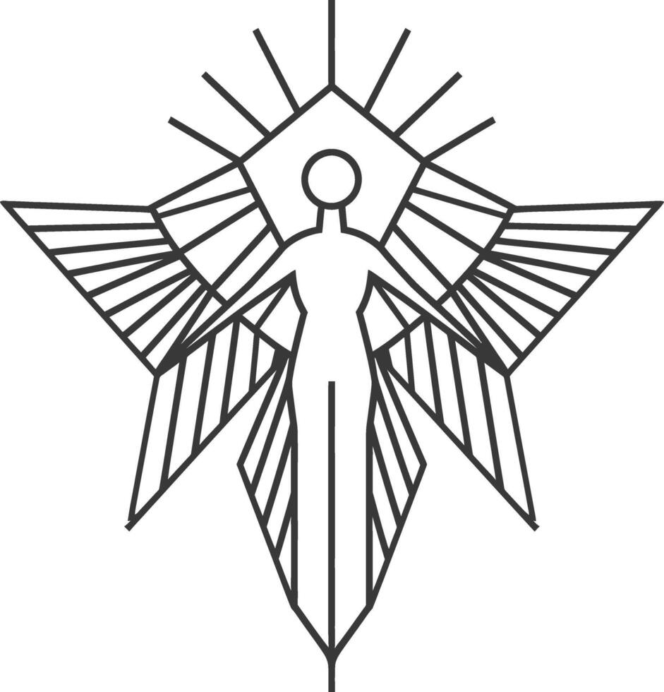 stylized human figure with wings and a radiant aura depicted in a minimalist geometric style vector