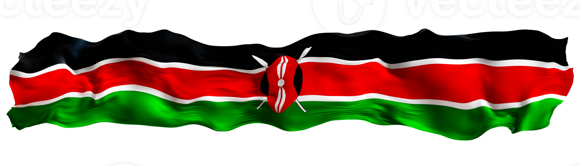 Stylized flag of Kenya waving in the wind on transparent background. Footer, header or divider. Cut out wide, panoramic element. Banner for patriotic themes or national event promotions. 3D. png