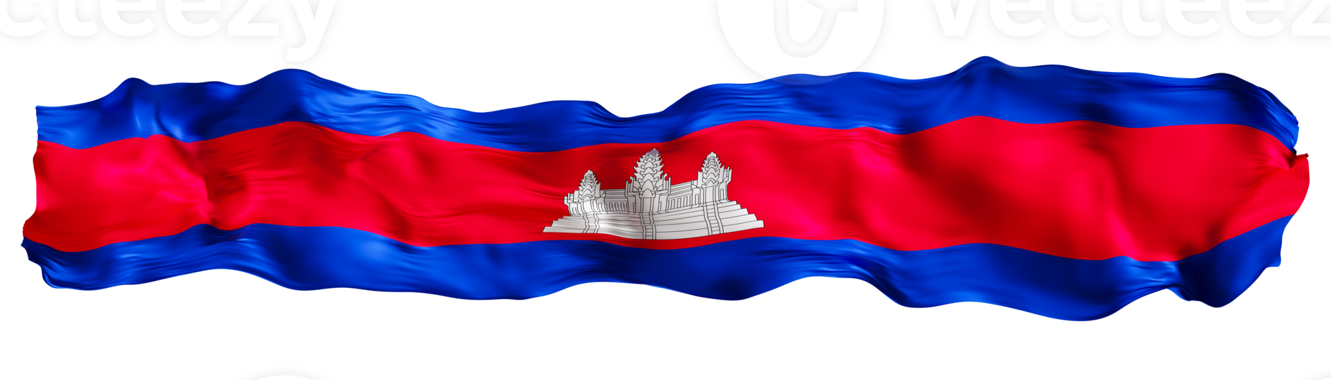 Stylized flag of Cambodia waving in the wind on transparent background. Footer, header or divider. Cut out wide, panoramic element. Banner for patriotic themes or national event promotions. 3D. png