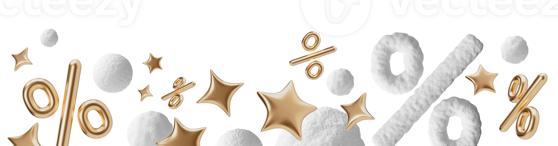 Elegant footer with floating percentage symbols and snow balls, on transparent background. Special winter offers discounts. Modern border. Golden and white colors. Bottom of the sheet. 3D render. png