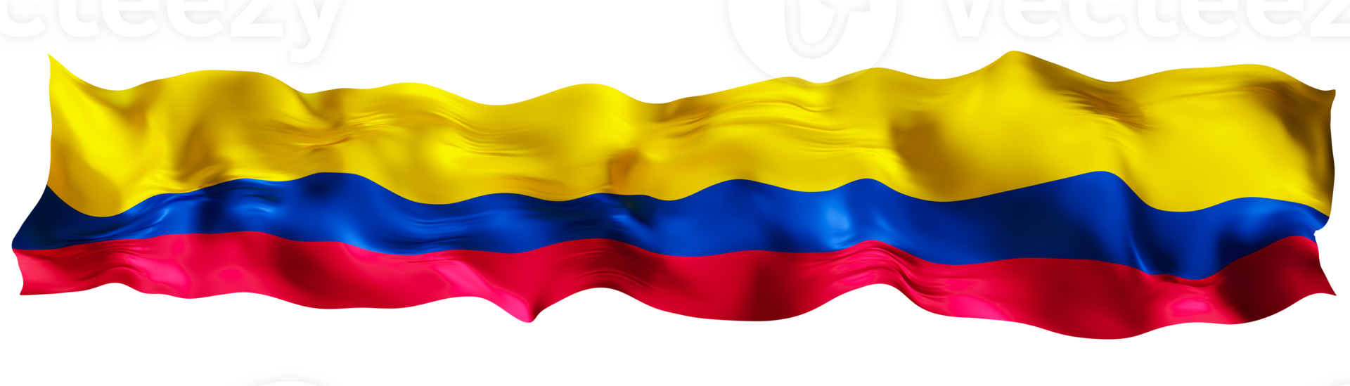 Stylized flag of Colombia waving in the wind on transparent background. Footer, header or divider. Cut out wide, panoramic element. Banner for patriotic themes or national event promotions. 3D. png