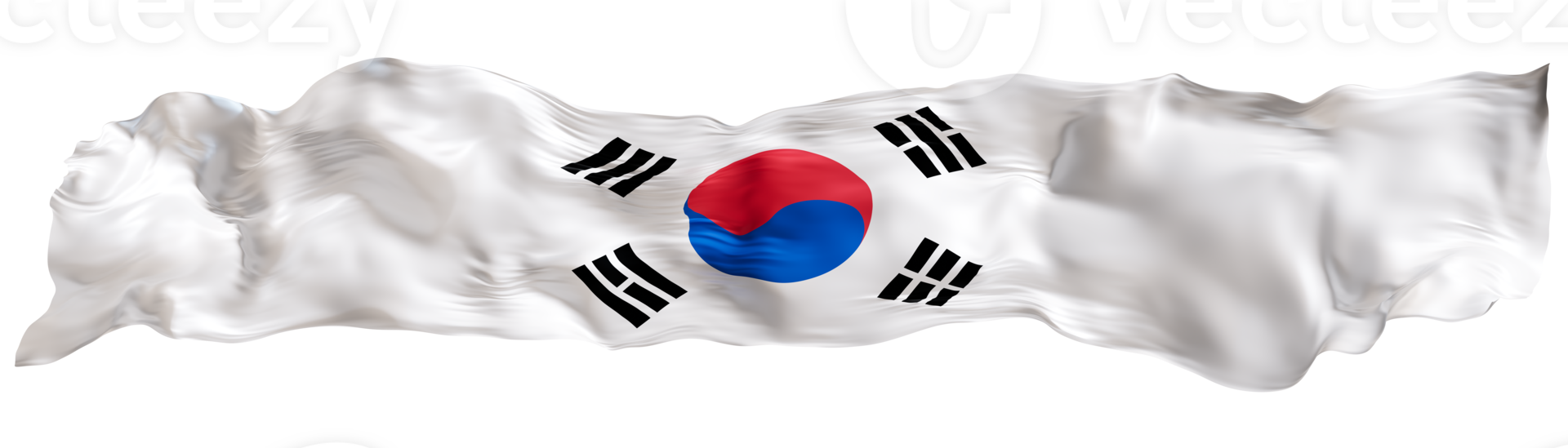 Stylized flag of South Korea waving in the wind on transparent background. Footer, header or divider. Cut out wide, panoramic element. Banner for patriotic themes or national event promotions. 3D. png