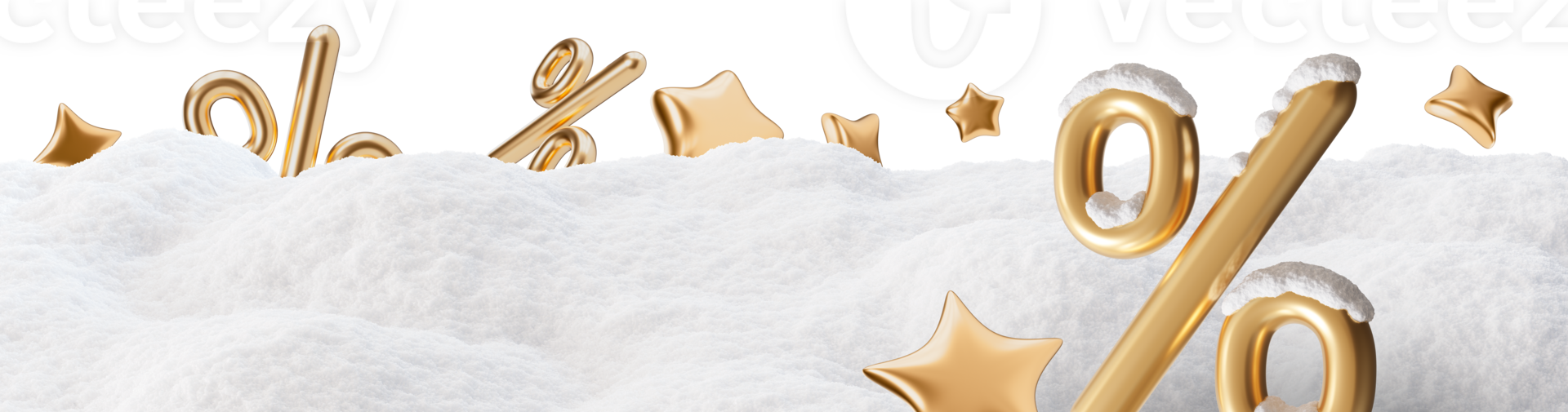 Elegant footer with percentage symbols, stars and snowy landscape, on transparent background. Special winter offers discounts. Modern border. Golden and white colors. Bottom of the sheet. 3D. png