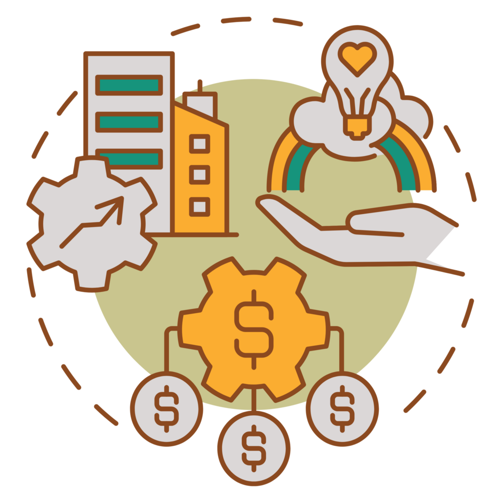A circle with money, a hand, and a building png