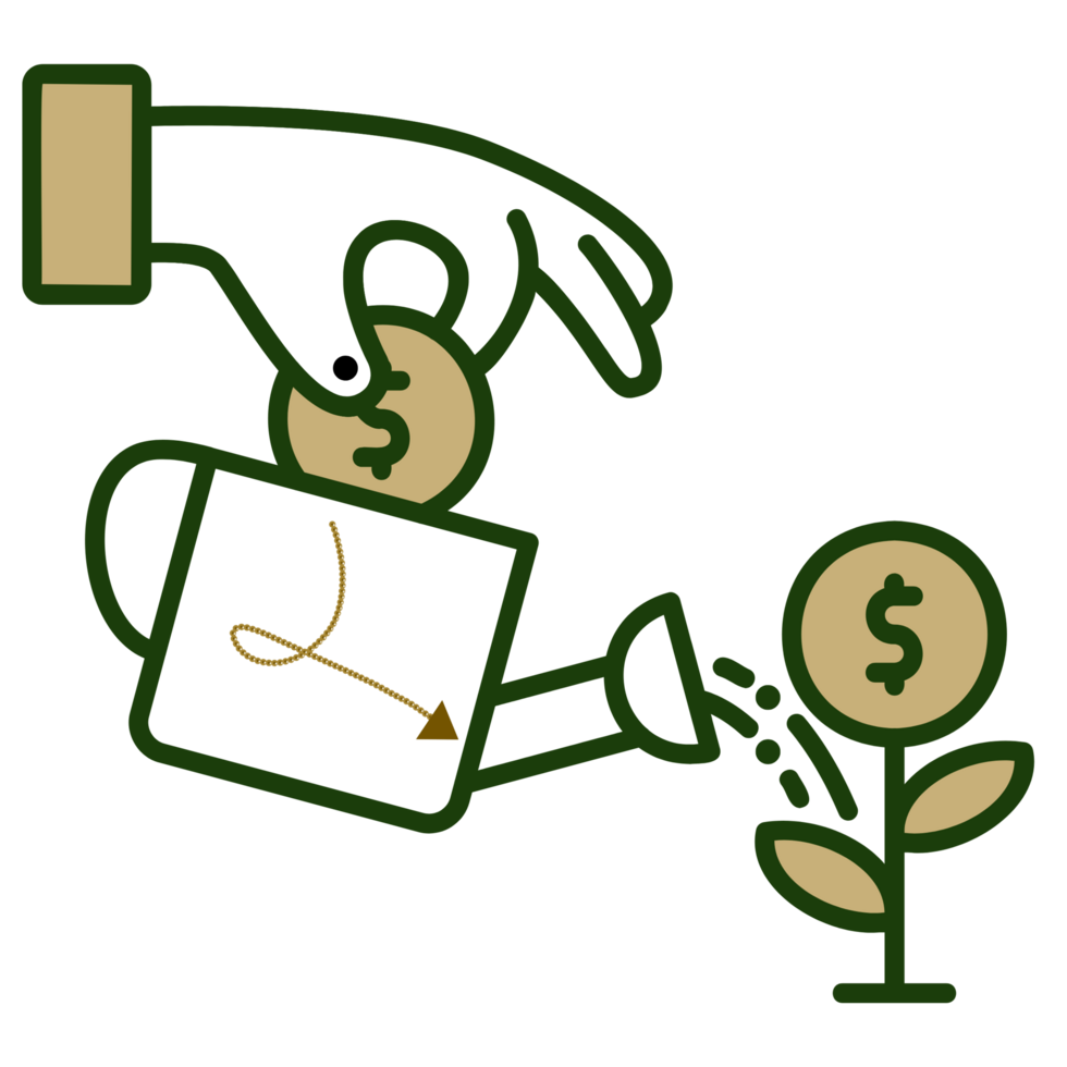 Graphic illustration of a hand watering a plant with a dollar sign png