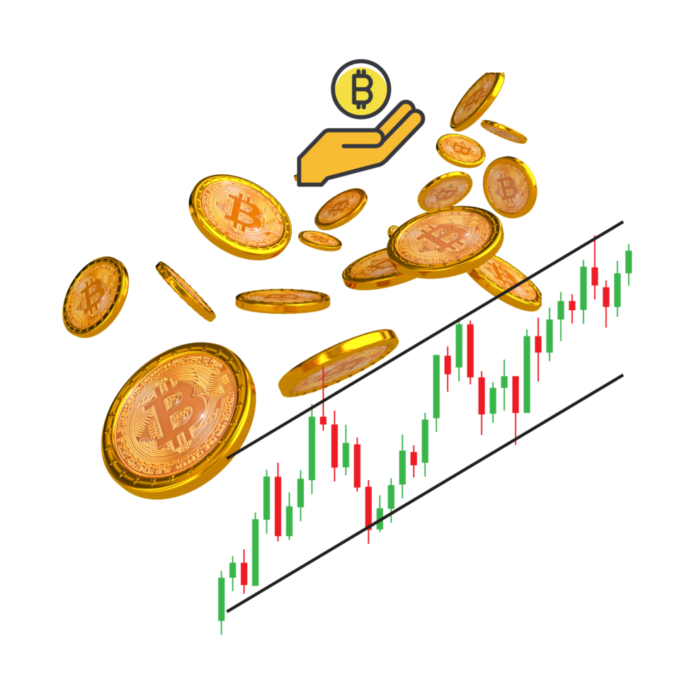 Bitcoin trading with coins and a hand png