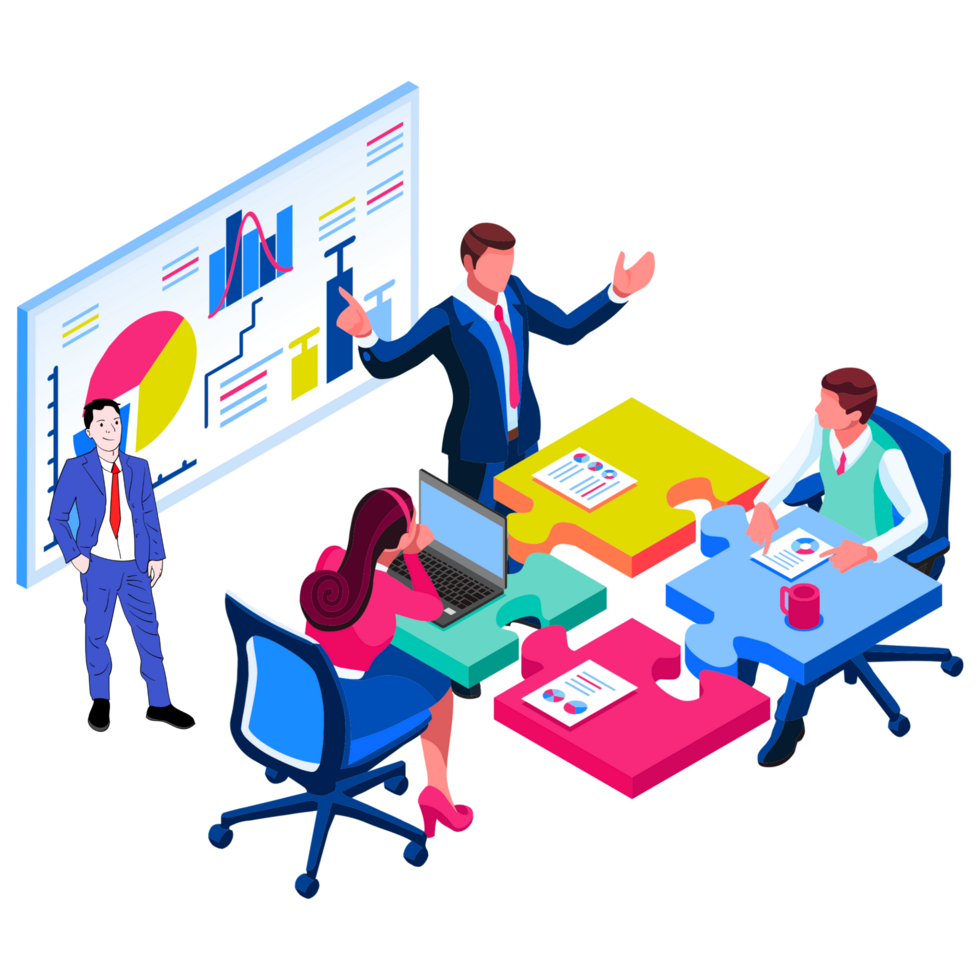 People in business suits are sitting around a table with a presentation png